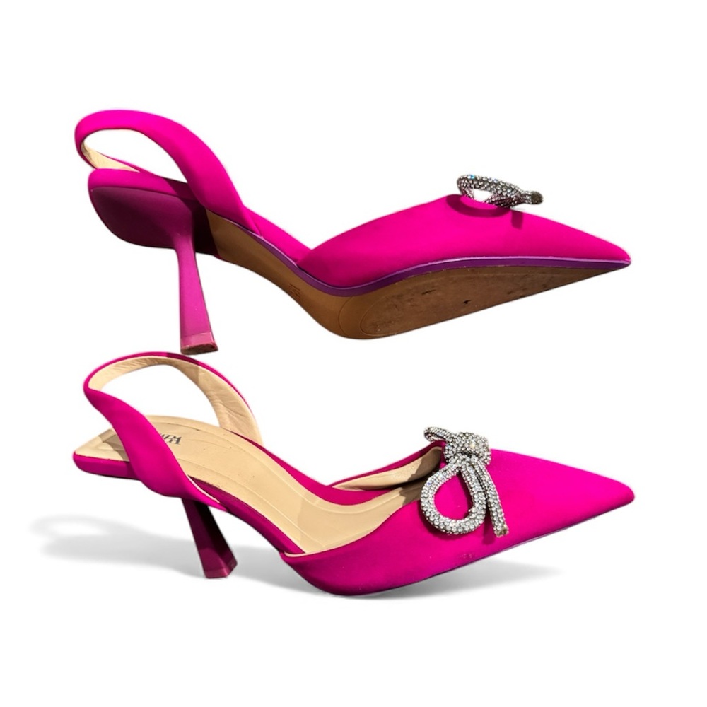 SOLD-Elegant ZARA Pink Slingback Heels with Silver Bow, Size 39(8.5) - Picture 5 of 10